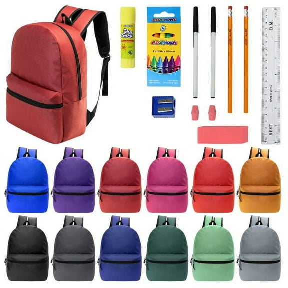 12 17 Inch Basic Backpacks in 12 Assorted Colors & 12 Bulk School Supply Kits Assorted
