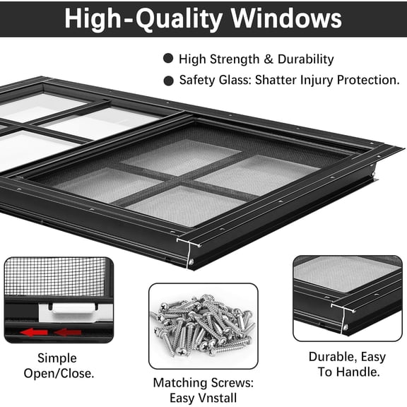 12 * 18 Inch Chicken Coop Window, 2 Pack Black Chicken Coop Shed Household Mobile Home House Small Screen Windows