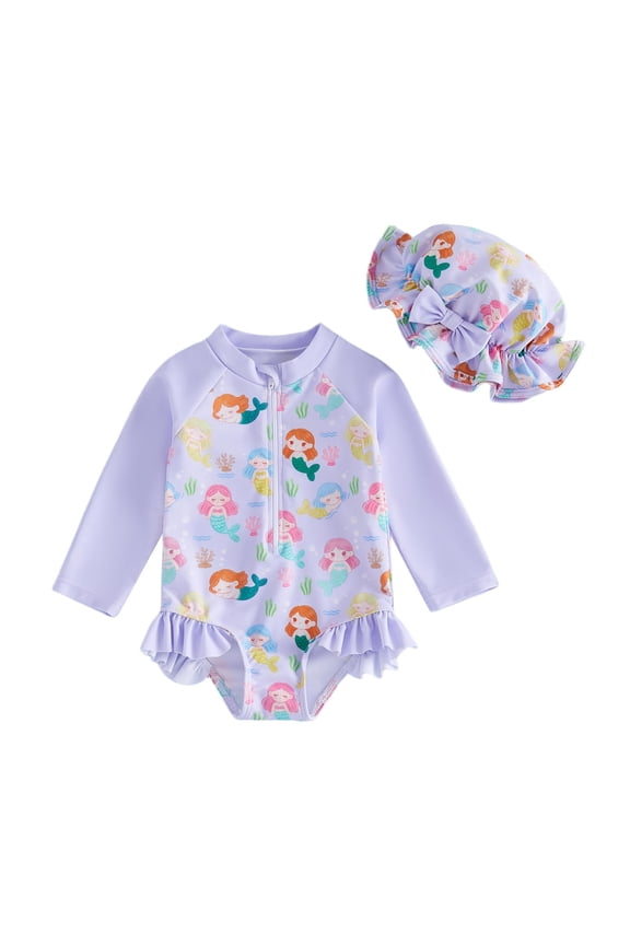 12-18 M Bathing Suits For Teens 2Pcs Baby Girls Swimsuit Set with Cartoon Print Long Sleeve Rash Guard and Matching Sun Hat