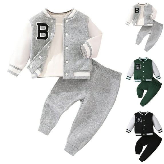 12-18 Month Boy Clothes Winter Boys Jacket Baseball Crew Neck Color Block Button up Coat & Pant 2PC Sweatsuits,Little Boys Boys Bomber Jacket and Jogger Pants