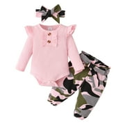 12-18 Month Girl Clothes Toddler Baby Clothes Outfits Long Sleeve Ruffle Romper Top Camo Pant Set Cute Baby Girl Outfits 6-12 Months