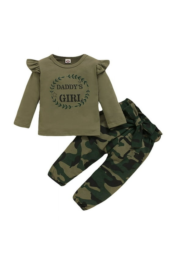 12-18 Month Girl Clothes Toddler Girl Outfits Long Sleeve Ruffle Shirt Tops Baby Camo Pants 2Pcs Girl Fall Outfit Set