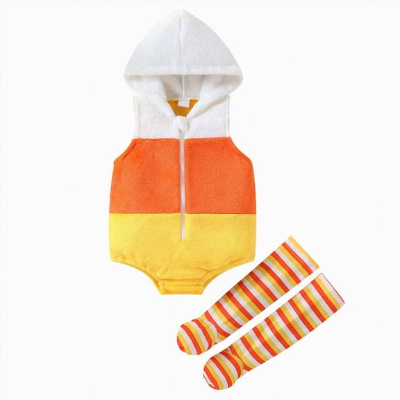 12-18 Months Baby Boys Girls Jumpsuit Candy Corn Costume Hooded Sleeveless with Socks