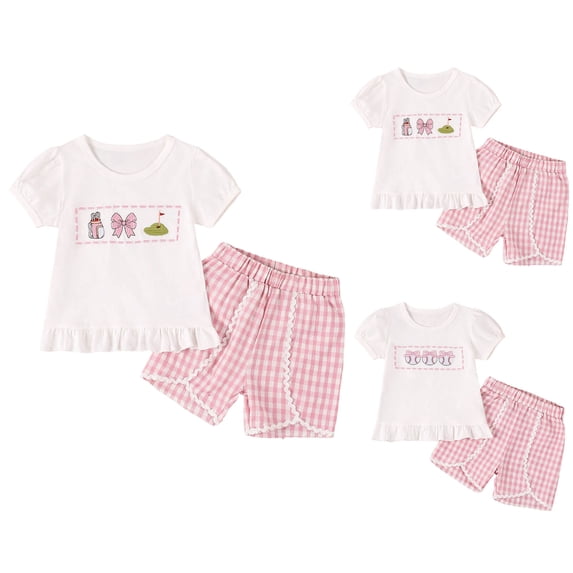 12-18 Months Girl Clothes Sweat Suits Toddler Baby Girl Summer Outfit Ice Cream Embroidered Ruffled Puff Sleeve Tops Shorts Set Clothes