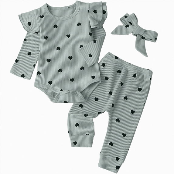 12-18 Months Infant Baby Toddler Girls Fall Winter Outfit 3 6 12 18 Months Long Sleeve Romper with Flower Print Belted Pants and Headband Clothing Set,Light Blue