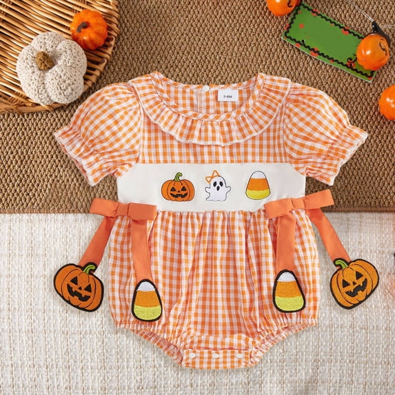 12-18 Months Newborn Boys Girls Underwear Pajamas Rompers Home Clothes Girls Crawling Halloween Party Plaid Bubble Sleeve Pumpkin Jumpsuit Orange Rompers Baby Fall Winter Clothing Gift
