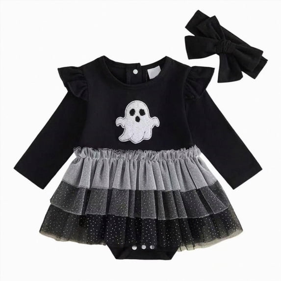 12-18 Months Newborn Little Halloween Pumpkin Ghostly Sequined Long Sleeved Dress With Skirt And Triangular Top One-Piece Jumpsuit Newborn Gift