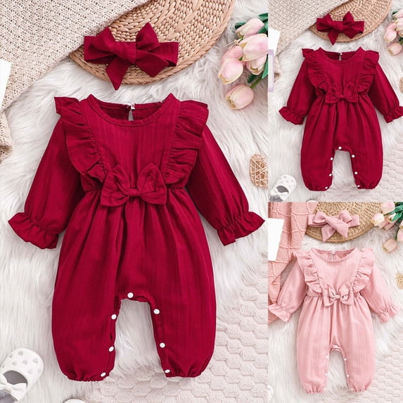 12-18 Months Newborn Romper For Infants And Toddlers With Bow And Lace Cute Long Sleeve Bodysuit One-Piece Footed Romper Newborn Gift