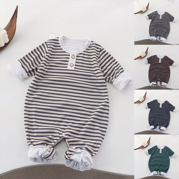 12-18 Months Toddler Fall Winter Striped Romper,Crew Collar Long Sleeve Bodysuit,Thick Soft Waffle Cotton Baby Jumpsuit for Unisex Infant 12 18 24 Months 2T 3T,Coffee
