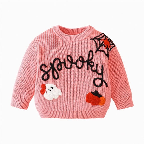 12-18 Months Toddler Girls "Spooky" Ghost Pumpkin Embroidered Knit Sweater,Halloween Pullover