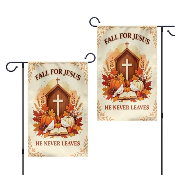 12*18IN Fall For Jesus He Never Leaves Garden Flag, Double Sided Outside Yard Farmhouse Lawn Porch Decor Banner, Religious Autumn Pray Gifts for Christian, Halloween Thank You Gifts for Family Friend