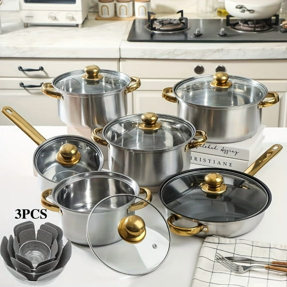 12/1pc Stainless Steel Cookware Set - Golden Handles, Induction Compatible, Includes Stockpot, for Home & Restaurant, All Stovetops, Christmas Gift