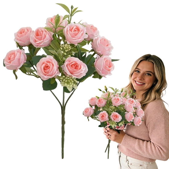 12.2" 10-Heads Artificial Austin Rose Bouquet - Blush Pink Silk Fake Roses with Greenery, Faux Floral Arrangement for Wedding, Home Table Centerpieces & Party Decor