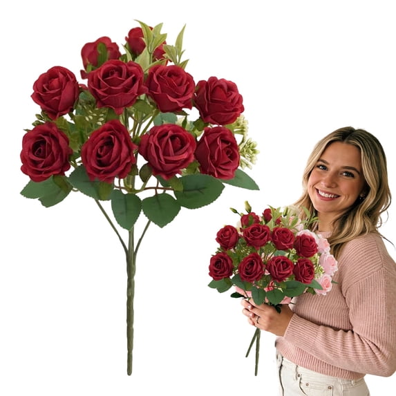12.2" 10-Heads Artificial Austin Rose Bouquet - Burgundy Silk Fake Roses with Greenery, Faux Floral Arrangement for Wedding, Home Table Centerpieces & Party Decor