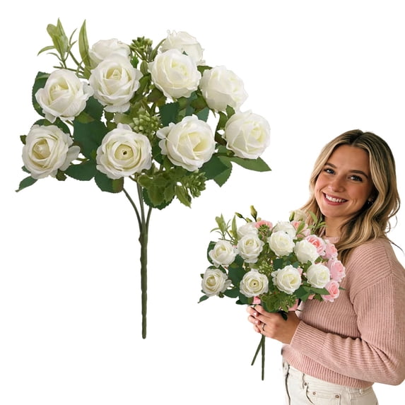 12.2" 10-Heads Artificial Austin Rose Bouquet - Ivory Silk Fake Roses with Greenery, Faux Floral Arrangement for Wedding, Home Table Centerpieces & Party Decor