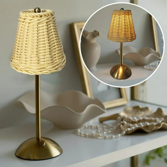 12.2*5.3" Rattan Table Lamp, Wicker Night Light, LED Rechargeable Reading Lights, Touch Control Dimmable Bedside Lamps Living Room Bedroom Office Lighting Home Outdoor Decoration