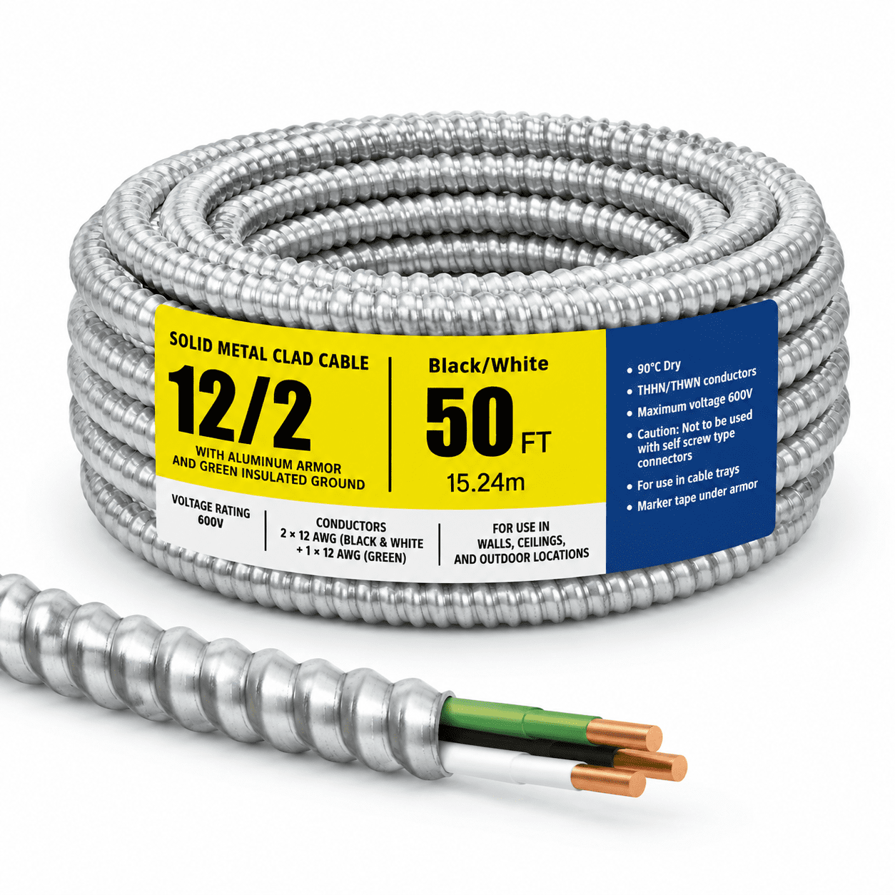 Cladding Wire Chain 12/2 50 FT Metal Clad Electrical Wire with Ground, Solid Copper ...