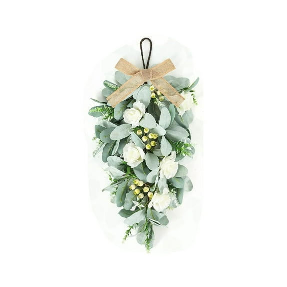 12.2 Inch Artificial White Rose Teardrop Swag, Spring Summer Floral Wreath with Berries and Lamb's Ear for Kitchen, Cabinet, Door, and Wedding Party Home Decor