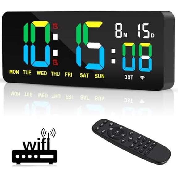 12.2 Inch Digital Wall Clock WiFi Sync with Remote Control, Large LED Screen with Time/Calendar/Seconds Display, Count Up & Down Timer, 2 Alarm Clock for Home, Office and Classroom