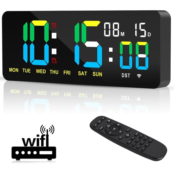 12.2 Inch Digital Wall Clock WiFi Sync with Seconds & Remote Control | Large LED Screen with Time and Calendar Display, Count Up & Down Timer, 2 Alarm Clock for Home, Office and Classroom