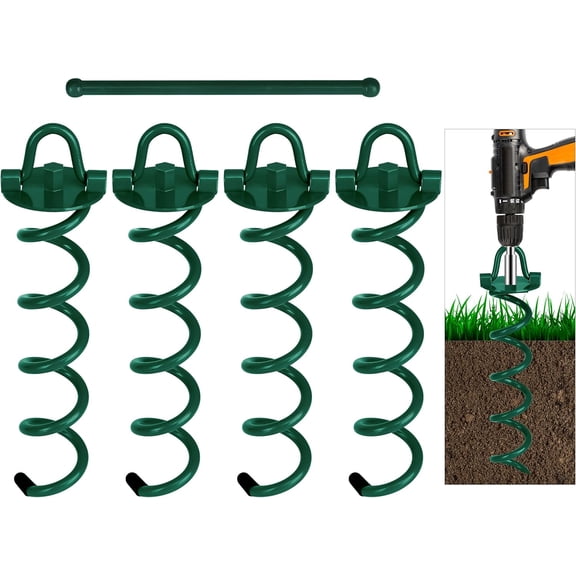 12.2 Inch Spiral Ground Anchors Heavy Duty Screw in Spiral Stakes 4 Pack Folding Ring Ground Stakes for Securing Dogs,Tents, Trampolines, Canopies, Swing Sets,Green
