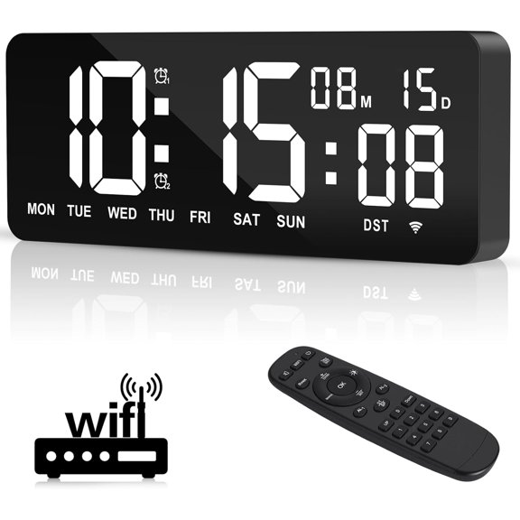 12.2" Large Digital Wall Clock with Remote Control, LED Display Shows Time/Calendar/Seconds, Count-Up & Count-Down Timer, Dual Alarms for Home, Office & Classroom