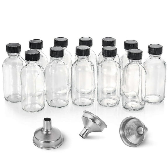 12, 2 Oz Small Clear Glass Bottles (60ml) With Lids & 3 Stainless Steel Funnels - Boston Round Sample Bottles For Potion, Juice, Ginger Shots, Oils, W
