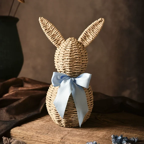 12.2" Paper Woven Easter Bunny Figure, Handmade Simulation Rattan Woven Rabbit Easter Decorations with Bows, Farmhouse Style Ornaments