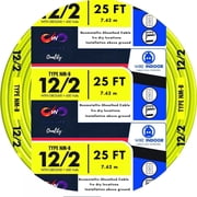 12/2 Type W/G NM-B Solid Indoor Sheathed Cable Yellow Electrical Wire 12 Gauge Wire 2 Conductors Non-Metallic with Ground Wire 25 FT