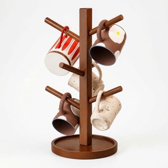 12.2" Wooden Mug Holder Tree with 6 Hooks, Countertop Coffee Cup Rack Stand, Black Walnut Cup Organizer for Coffee Mugs, Jewelry, Keys and Accessories