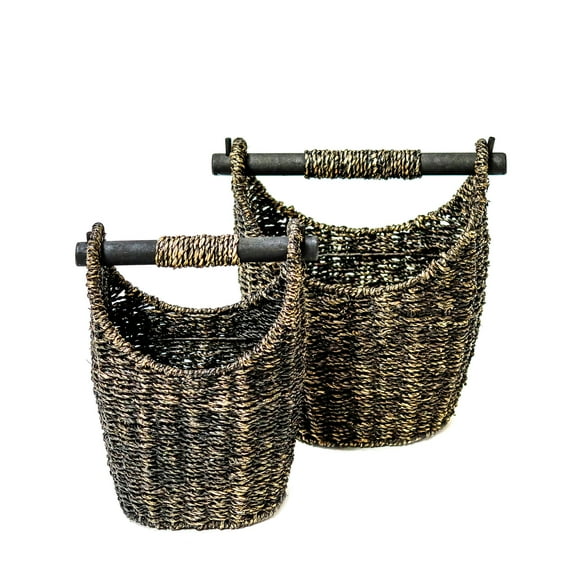 12.2 in & 9.4 in Tall Seagrass Carry Baskets with Wooden Handle (Set of 2, Brown)