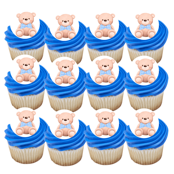 12 - 2 inch Baby Shower Teddy Bear with Blue Ribbon Cookie Cupcake Edible Frosting Photos Decoration Toppers