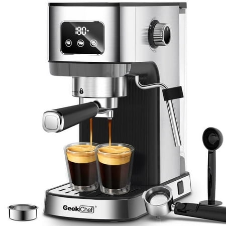 12.20×11.80×5.90 Inch Stainless Steel Geek Chef Espresso Machine, Temp Time Control & ESE Pod Compatible, Coffee Maker with Milk Frother Steam Wand for Home Use