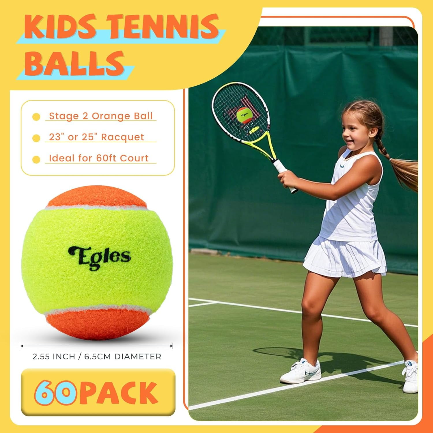 12/20/36/48/60 Pack Kids Tennis Balls 50% Low Compression Stage Tennis Ball, Practice Balls for Beginners, Youth Training & Dog Play,  Two-Tone Colors Tennis Balls with Mesh Bag for All Court
