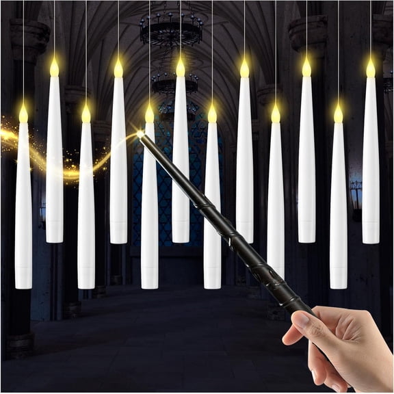 12/20 PCS Floating Candles with Wand, Magic Hanging Flickering Warm Light Taper LED Candles with Wand Remote, Battery Operated Floating Candles Decorations for Party Halloween Christmas