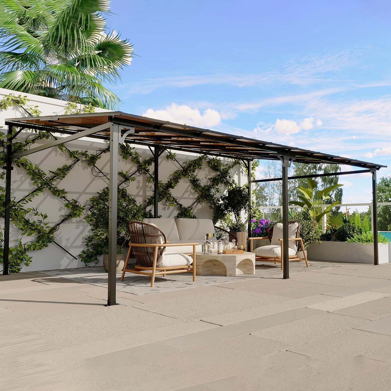 12*20ft Gazebo, Outdoor Pergolas and Gazebos on Hard Top Lean to Gazebo  with Metal Frame, Pergola Wall Mounted Pergola with Sloped Roof for Patio,  ..., image size:1500x1500