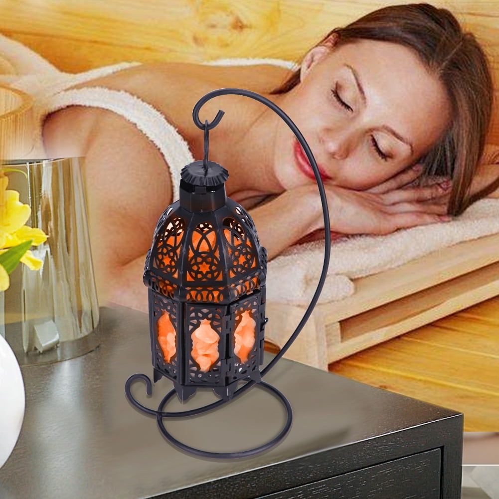 12.20in Vintage Iron Frame Natural Crystal Salt Rock Lamp Air Purifier Room Night Light Decor (Black)