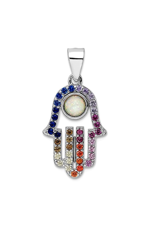 12.23mm 925 Sterling Silver Rhodium Plated Multicolor Cubic Zirconia and Simulated Opal Hamsa Pendant Necklace Pendant f