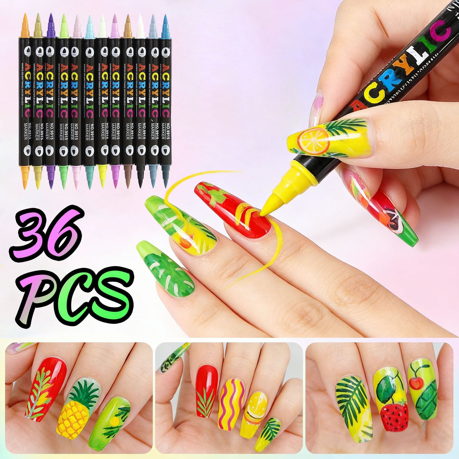 12/24/36 Colors Nail Art Markers Set, Nail Art Pens Point Nail Graffiti Dotting Pen Quick-Drying Waterproof Double Headed Acrylic Paint Pens Set for DIY Nails Art Design