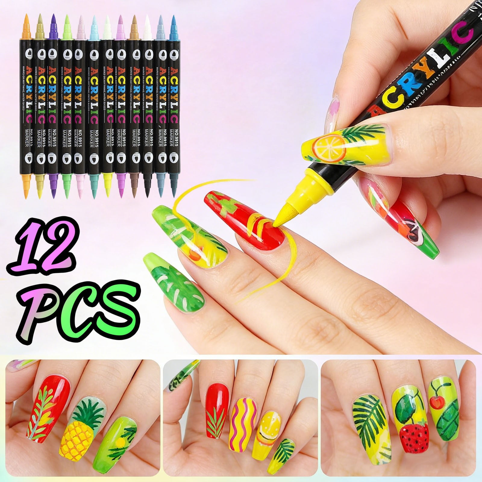 12/24/36 Colors Nail Art Markers Set, Nail Art Pens Point Nail Graffiti Dotting Pen Quick-Drying Waterproof Double Headed Acrylic Paint Pens Set for DIY Nails Art Design