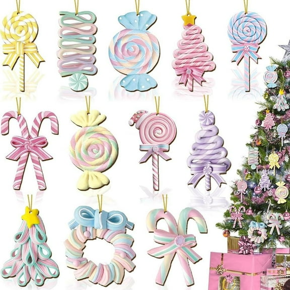 12/24/36PCS Candy Christmas Tree Decorations Lollipop Ornaments Pastel Cute Lands Xmas Tree Hanging Decor for Christmas Themed Party Holiday Decorations