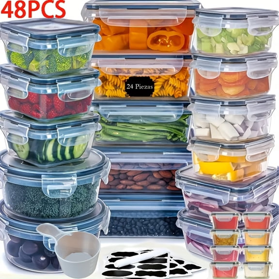 12/24/48pcs BPA-Free Food Storage Containers Set | Airtight Easy-Snap Lids Reusable Plastic Snapware w/Labels & Marker for Meal Prep Pantry