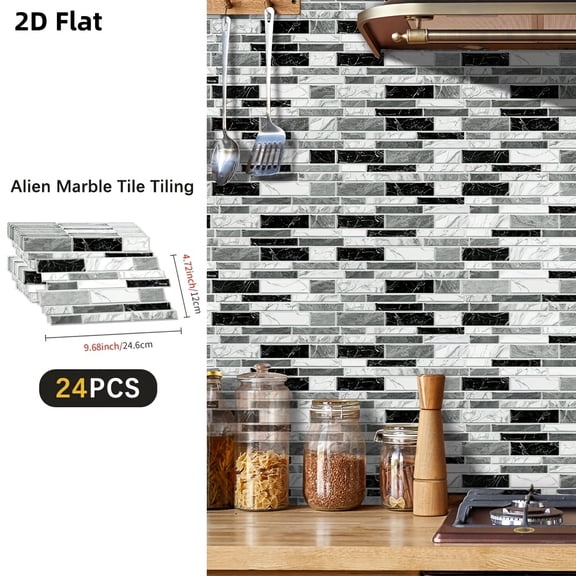 12/24/48pcs Black White Gray Marble Peel & Stick Wallpaper, Waterproof Removable PVC Panels for Kitchen Bathroom Shower Wall Floor Backsplash