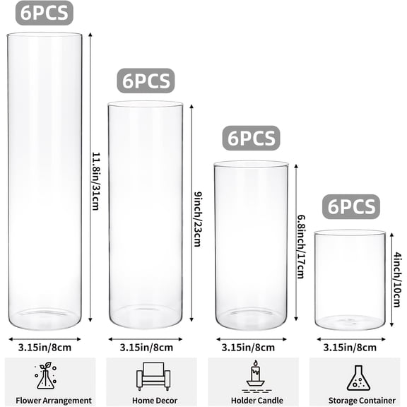 12/24-Pack 4-Size Clear Cylinder Glass Vases for Wedding & Home Decor