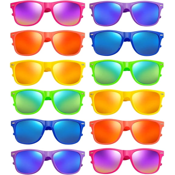 12/24 Pack Neon Party Sunglasses Mirrored/Jelly Lens Bulk Glasses Horn Rimmed Eyewear for Men Women 12- Mirrored Lens/Color Frame