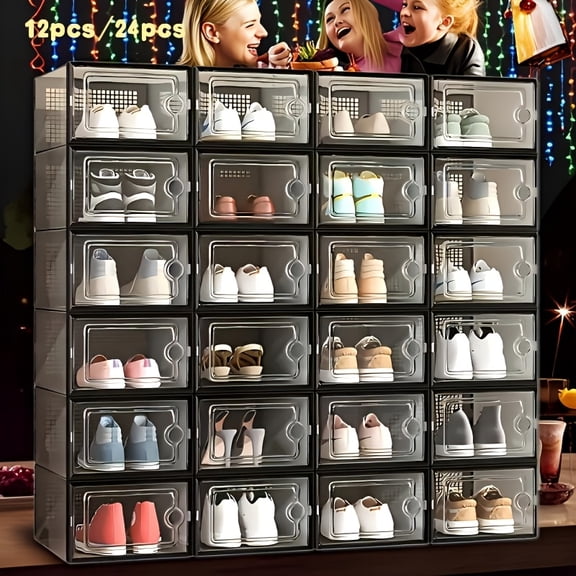 12/24 Pack Thick Clear Plastic Shoe Boxes with Lids, Foldable Stackable Shoe Organizers, Space-Saving Storage Containers, Free Combination for Sneakers, Entryway, Bedroom & Home Use