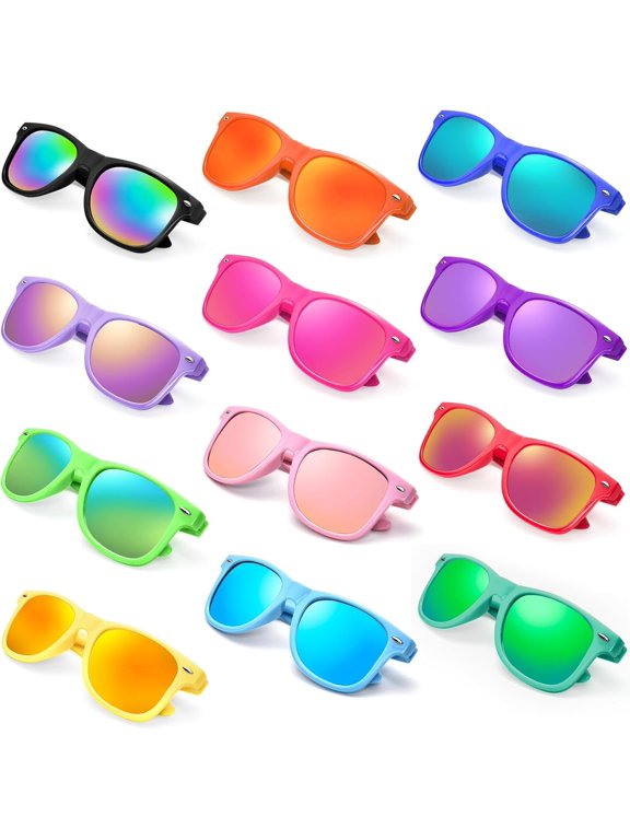 12/24 Pack Wholesale Retro Neon Colors Party Favor Supplies Unisex Sunglasses Bulk for Adults Teens, UV400 Protection 12 Color Frame/Neon Mirrored,Muticolor