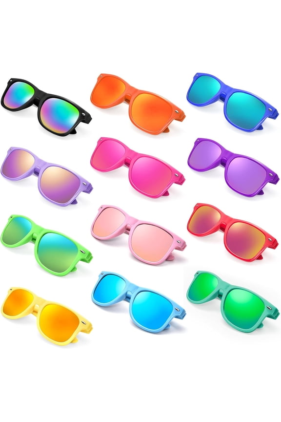 12/24 Pack Wholesale Retro Neon Colors Party Favor Supplies Unisex Sunglasses Bulk for Adults Teens, UV400 Protection 12 Color Frame/Neon Mirrored,Muticolor