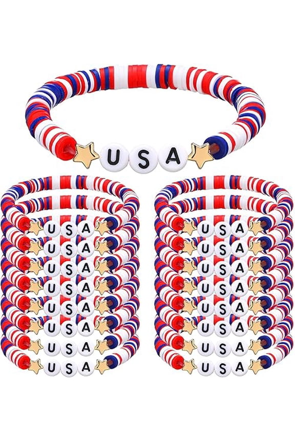 12/24 Pieces Bulk Red White and Blue Polymer Clay Soft Ceramic Bracelets for Men and Women for Independence Day.