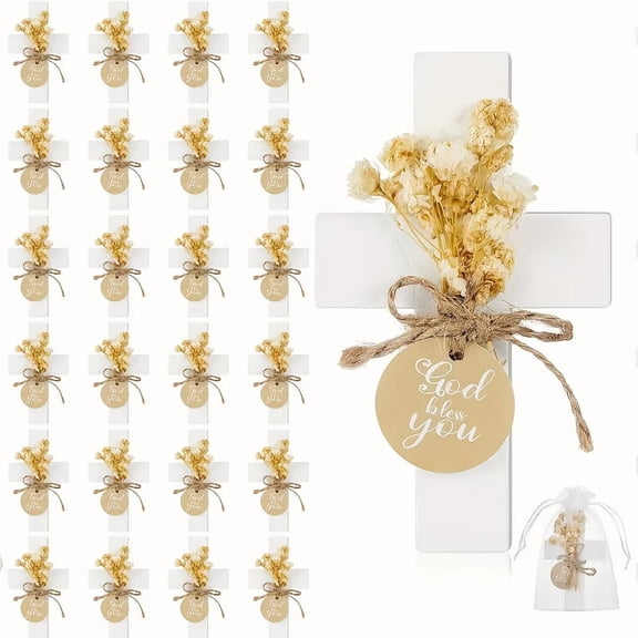 12/24 Sets Baptism Favors for Guests First Communion Wooden Cross Magnets with Flower and Bag for Baptism Party Decoration, Gathering, Baby Shower, Christen Souvenirs Gift